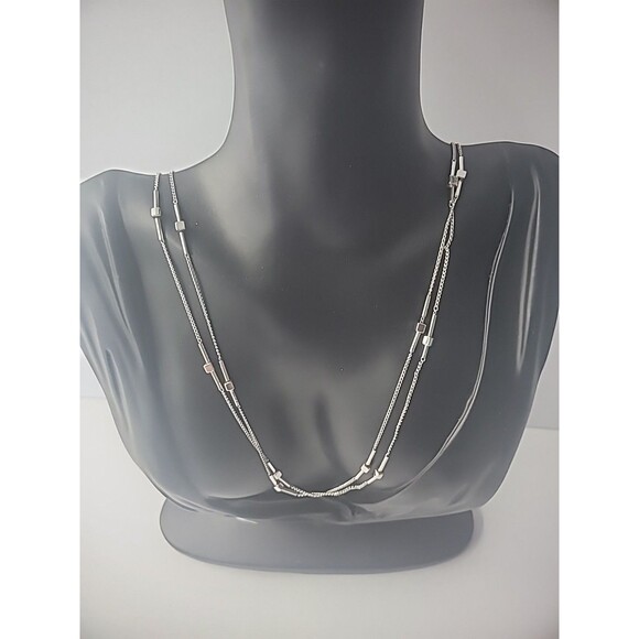 Vintage Necklace Silver Tone Double Strand Chain Bead Bar Jewelry Costume - Picture 1 of 12